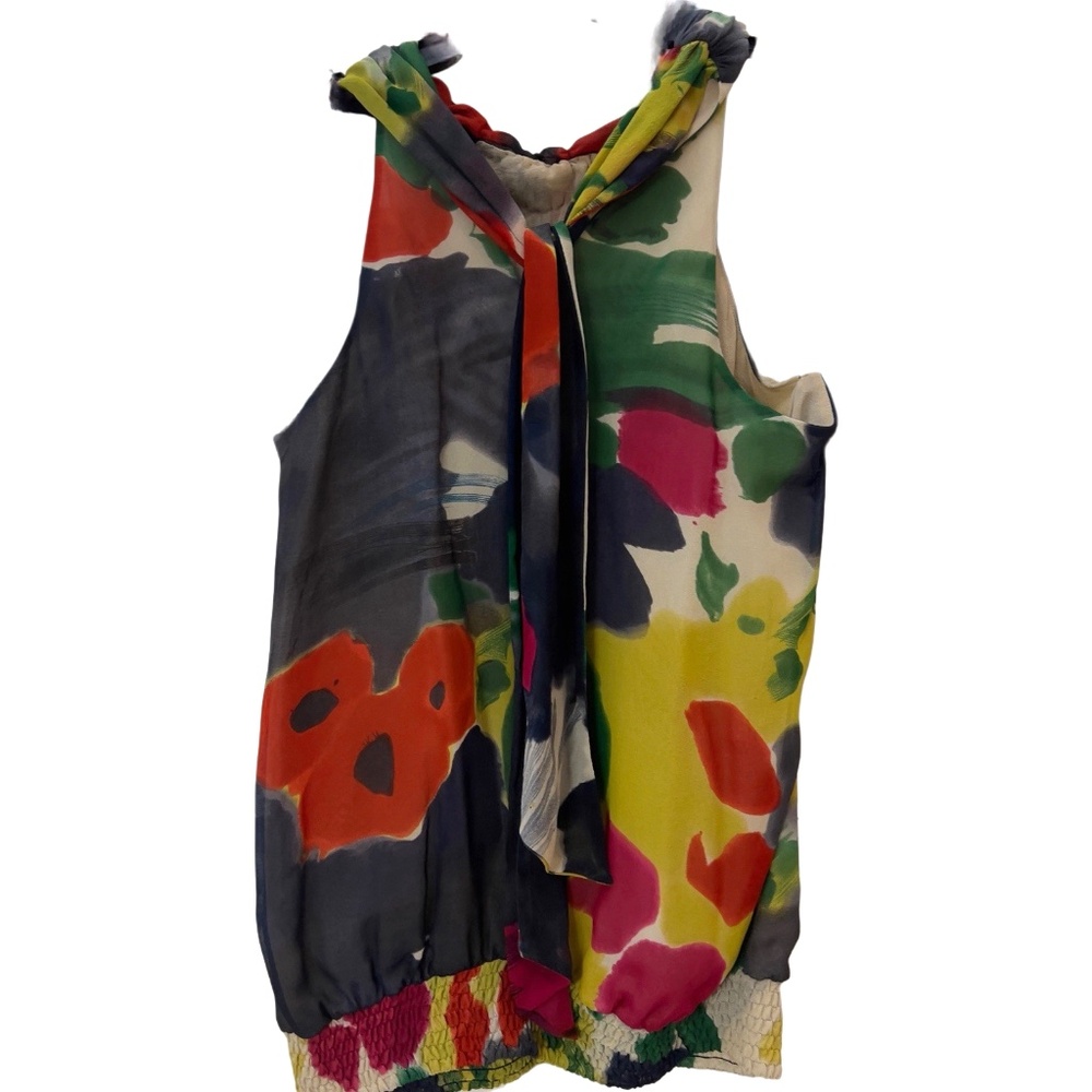 NWT MATTY M Blouse 100% Silk Top Halter Red Blue Tie Colorful Sleeveless Medium